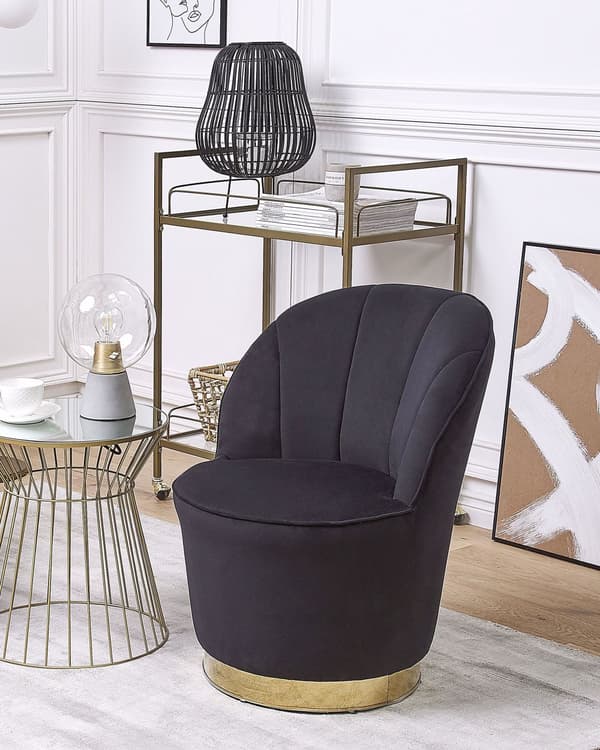 Lænestol Sort Velour Skumfyld og Guld Blank Metalbase 72 x 61 cm Rund Blød Glamourøs Klub Oppustet Stil Høj Komfort Kvalitet Stue Indretning