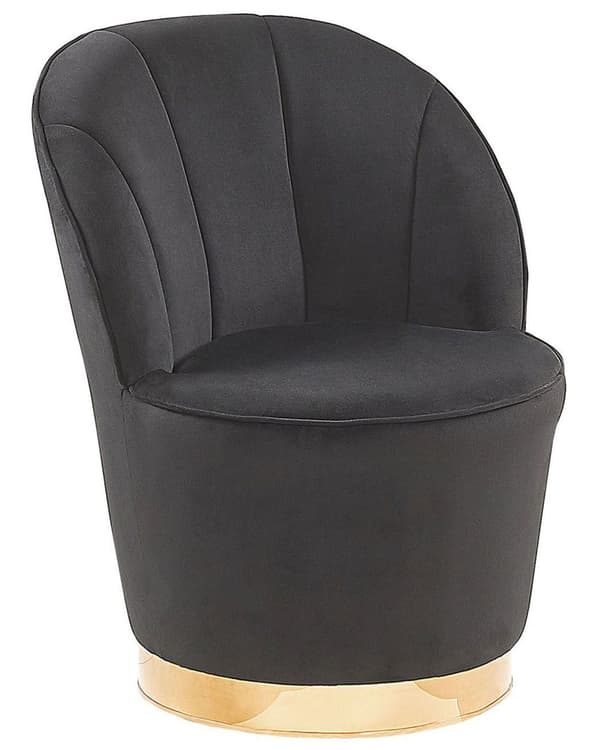 Lænestol Sort Velour Skumfyld og Guld Blank Metalbase 72 x 61 cm Rund Blød Glamourøs Klub Oppustet Stil Høj Komfort Kvalitet Stue Indretning