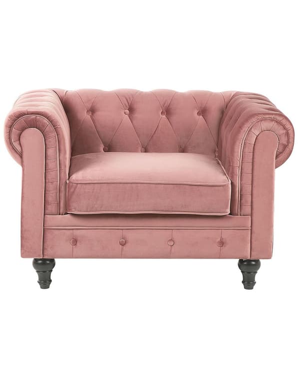 Chesterfield Lænestol Lyserød Velour med Sorte Træben 110 x 75 x 70 Bred Tyk Polstret Armstol Knap Tuftet Venetiansk Barok stil Stue Dekor