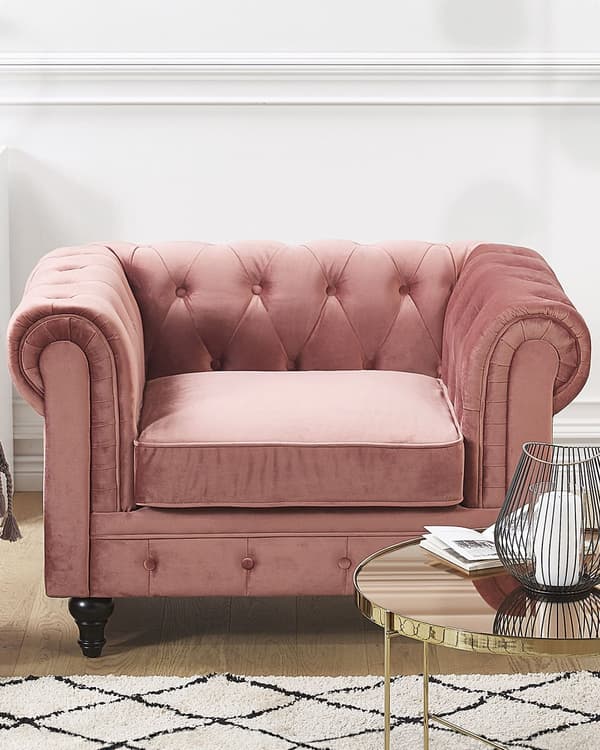 Chesterfield Lænestol Lyserød Velour med Sorte Træben 110 x 75 x 70 Bred Tyk Polstret Armstol Knap Tuftet Venetiansk Barok stil Stue Dekor