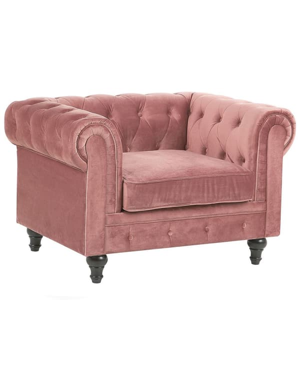 Chesterfield Lænestol Lyserød Velour med Sorte Træben 110 x 75 x 70 Bred Tyk Polstret Armstol Knap Tuftet Venetiansk Barok stil Stue Dekor