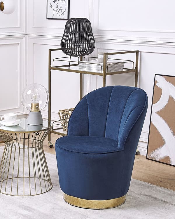 Lænestol Mørkeblå Velour Skumfyld Guld Blank Metalbase 72 x 61 cm Rund Blød Glamourøs Klub Oppustet Stil Høj Komfort Kvalitet Stue Indretning