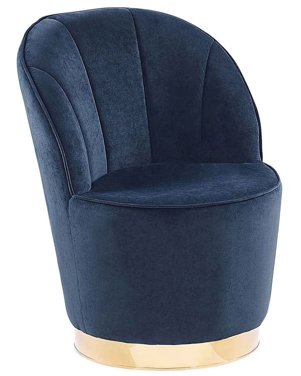 Lænestol Mørkeblå Velour Skumfyld Guld Blank Metalbase 72 x 61 cm Rund Blød Glamourøs Klub Oppustet Stil Høj Komfort Kvalitet Stue Indretning