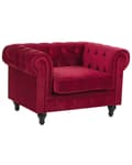 Miniatyrbillede 1 af 9: Chesterfield Lænestol Mørkerød Velour med Sorte Træben 110 x 75 x 70 Bred Tyk Polstret Armstol Knap Tuftet Venetiansk Barok stil Stue Dekor