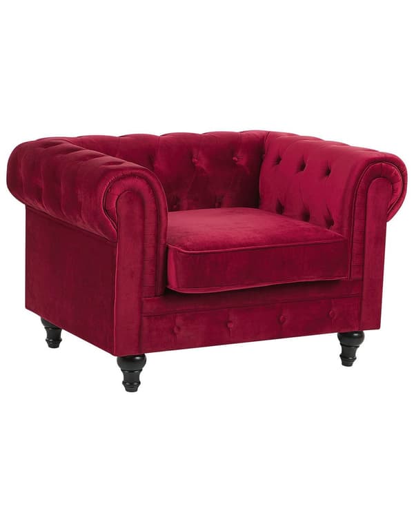 Chesterfield Lænestol Mørkerød Velour med Sorte Træben 110 x 75 x 70 Bred Tyk Polstret Armstol Knap Tuftet Venetiansk Barok stil Stue Dekor