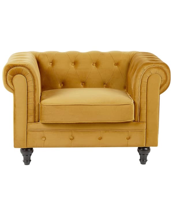 Chesterfield Lænestol Gul Velour Stof med Sorte Træben 110 x 75 x 70 Bred Tyk Polstret Armstol Knap Tuftet Venetiansk Barok stil Stue Dekor