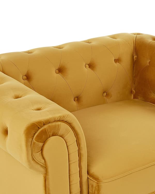 Chesterfield Lænestol Gul Velour Stof med Sorte Træben 110 x 75 x 70 Bred Tyk Polstret Armstol Knap Tuftet Venetiansk Barok stil Stue Dekor