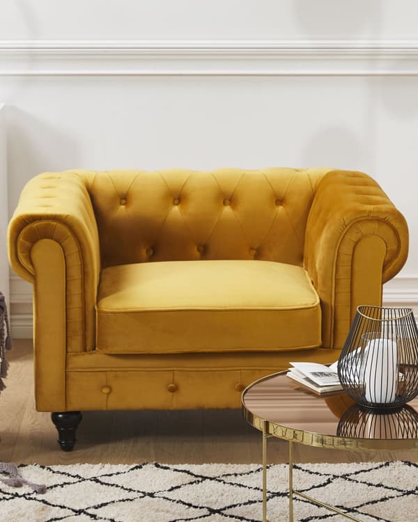 Chesterfield Lænestol Gul Velour Stof med Sorte Træben 110 x 75 x 70 Bred Tyk Polstret Armstol Knap Tuftet Venetiansk Barok stil Stue Dekor