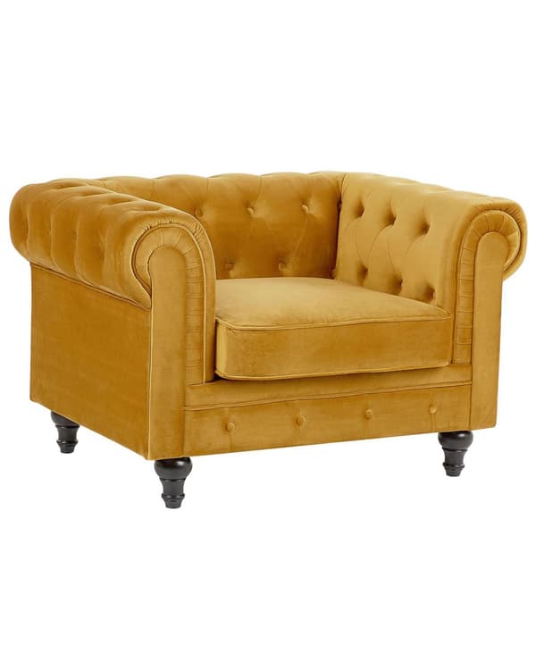 Chesterfield Lænestol Gul Velour Stof med Sorte Træben 110 x 75 x 70 Bred Tyk Polstret Armstol Knap Tuftet Venetiansk Barok stil Stue Dekor