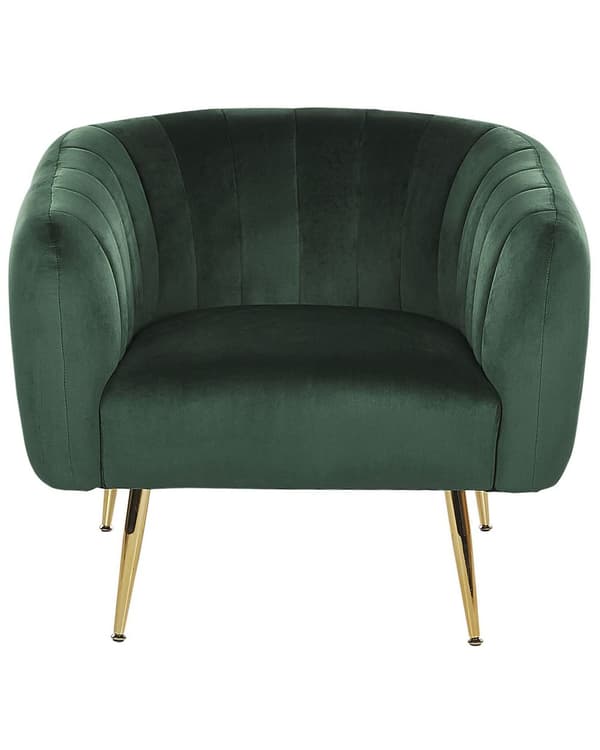 Nojatuoli tummanvihreä samettiverhoilu kulta metallijalat puurunko tikattu glamour retro