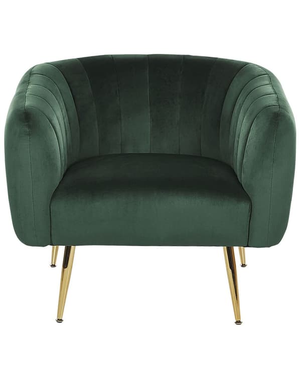 Nojatuoli tummanvihreä samettiverhoilu kulta metallijalat puurunko tikattu glamour retro