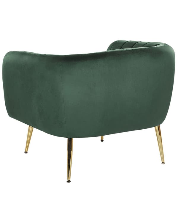Nojatuoli tummanvihreä samettiverhoilu kulta metallijalat puurunko tikattu glamour retro
