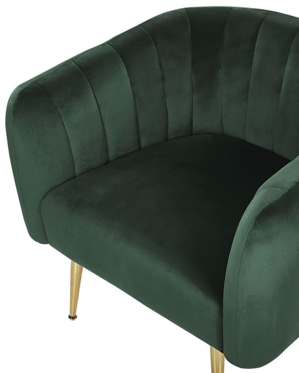 Nojatuoli tummanvihreä samettiverhoilu kulta metallijalat puurunko tikattu glamour retro