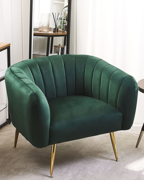 Nojatuoli tummanvihreä samettiverhoilu kulta metallijalat puurunko tikattu glamour retro