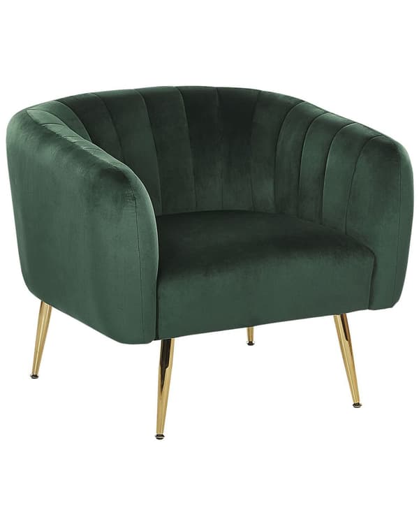 Nojatuoli tummanvihreä samettiverhoilu kulta metallijalat puurunko tikattu glamour retro