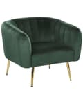 Pikkukuva 1 / 8: Nojatuoli tummanvihreä samettiverhoilu kulta metallijalat puurunko tikattu glamour retro