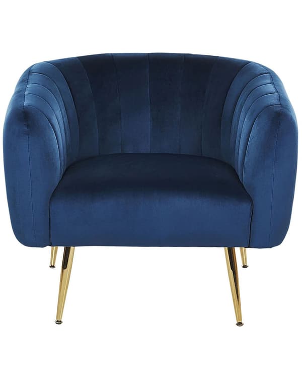 Nojatuoli tummansininen samettiverhoilu kulta metallijalat puurunko tikattu glamour retro
