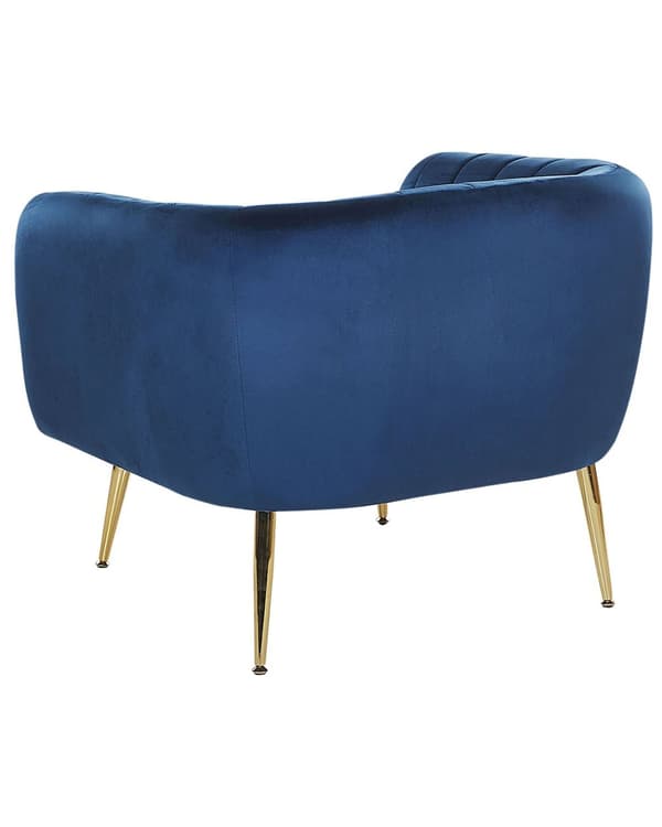 Nojatuoli tummansininen samettiverhoilu kulta metallijalat puurunko tikattu glamour retro