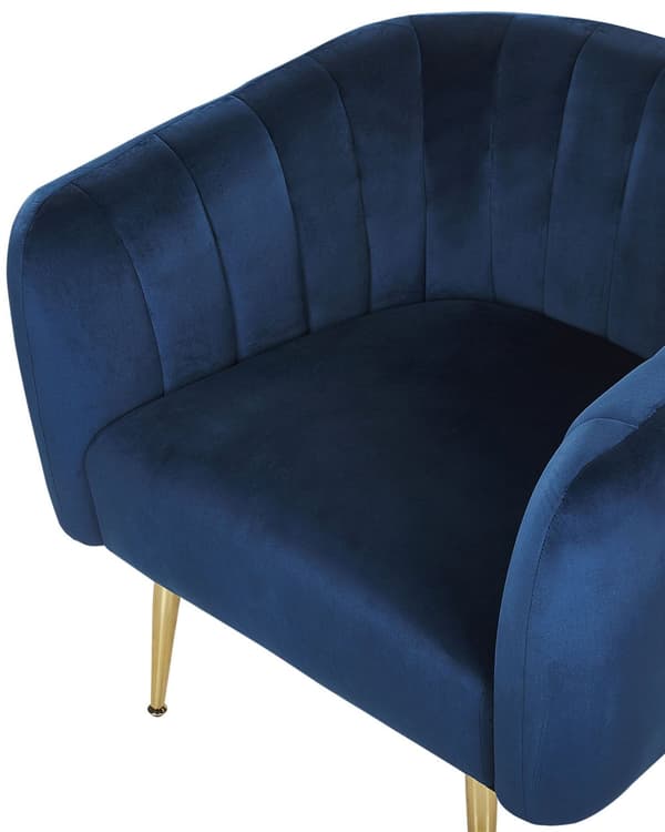 Nojatuoli tummansininen samettiverhoilu kulta metallijalat puurunko tikattu glamour retro