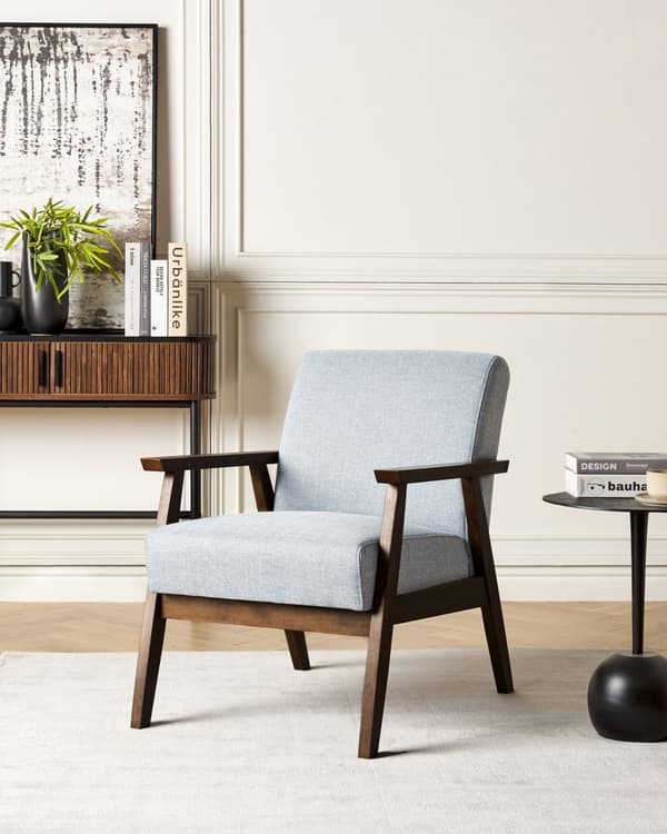 Lænestol Grå Polyester Polstring Retro Design Træstel Stue Værelsesindretning