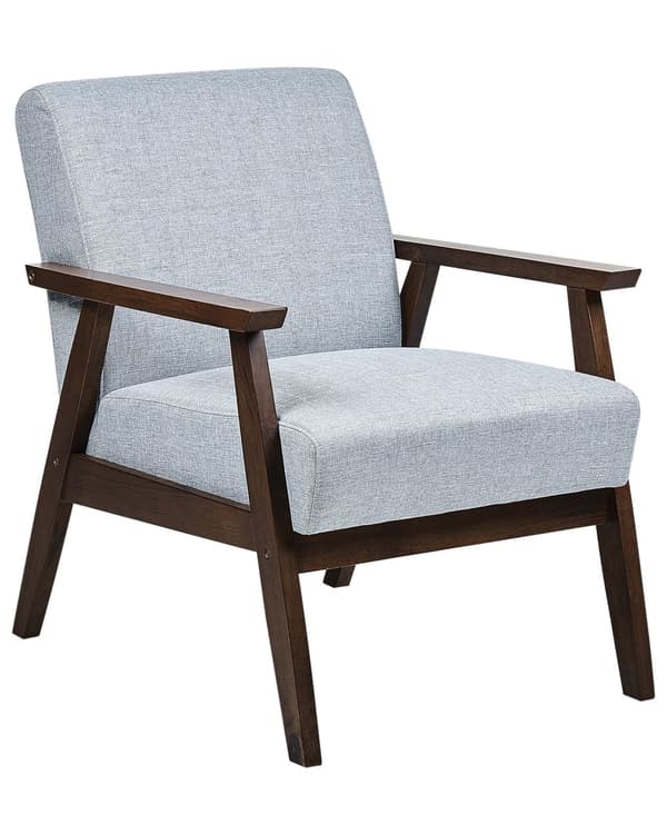Nojatuoli harmaa kangasverhoilu kumipuu pehmustettu käsinojat retro perinteinen
