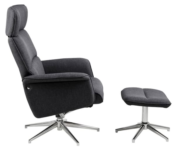 Alura fåtölj recliner med fotpall mörkgrå, krom.