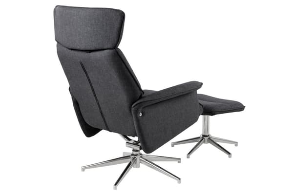 Alura fåtölj recliner med fotpall mörkgrå, krom.