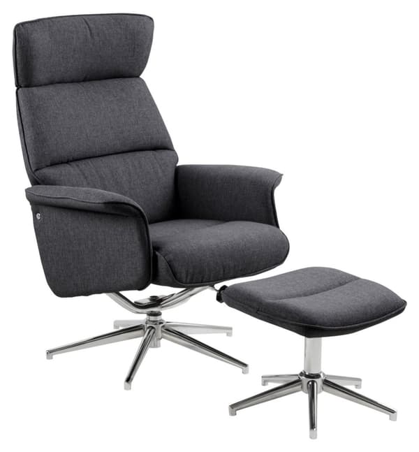 Alura fåtölj recliner med fotpall mörkgrå, krom.