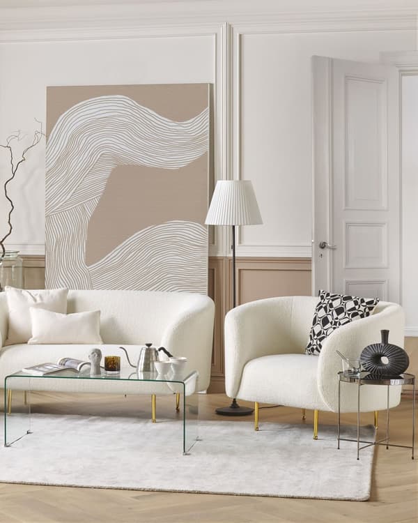 Lænestol Hvid Polyester og Guld Metal 79 x 70 x 105 cm Dekorativ Rund Fluffy Boucle Flet Plys Stol Design Tynde Ben Stue Inspiration