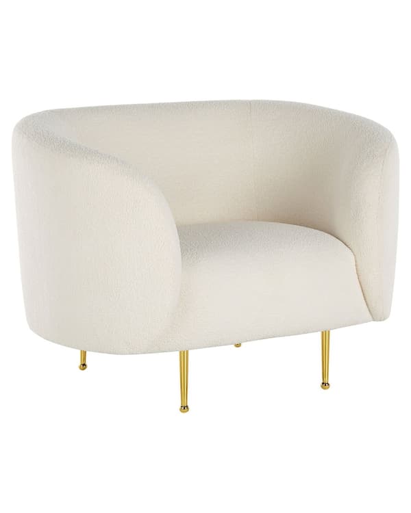 Lænestol Hvid Polyester og Guld Metal 79 x 70 x 105 cm Dekorativ Rund Fluffy Boucle Flet Plys Stol Design Tynde Ben Stue Inspiration
