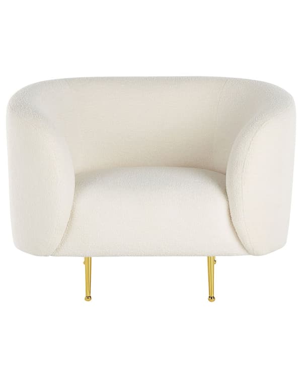 Lænestol Hvid Polyester og Guld Metal 79 x 70 x 105 cm Dekorativ Rund Fluffy Boucle Flet Plys Stol Design Tynde Ben Stue Inspiration