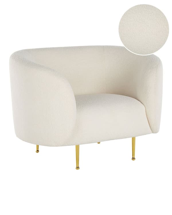 Lænestol Hvid Polyester og Guld Metal 79 x 70 x 105 cm Dekorativ Rund Fluffy Boucle Flet Plys Stol Design Tynde Ben Stue Inspiration