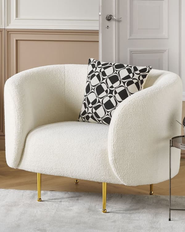 Fåtölj Vit Boucle Tyg Mjuk Nubby Guldben Retro Glam Art Deco Design