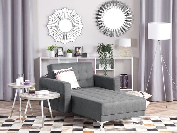 Sjeselong Grå Stoff Justerbar rygg Sovefunksjon Metallben Dekorative knapper Moderne design Stue