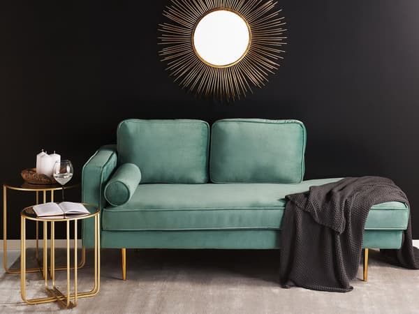 Sjeselong Mintgrønn fløyel med polstring Venstreorientering Metallben Bolsterpute Moderne design