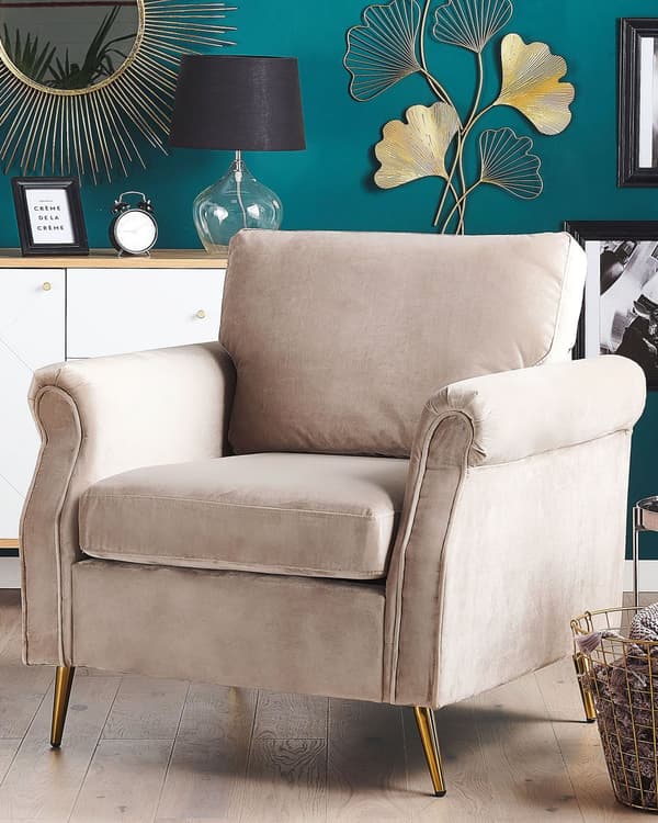 Lenestol Taupe Fløyel 90 x 67 x 85 cm Gullfargede ben Avtakbare sete- og ryggputer Retro og glamorøs stil Hvilestol