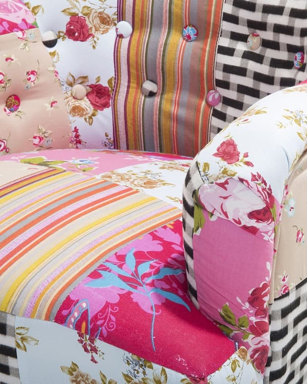 Lenestol Flerfarget rosa stoff Patchwork Klubbstol Knappetuftede treben