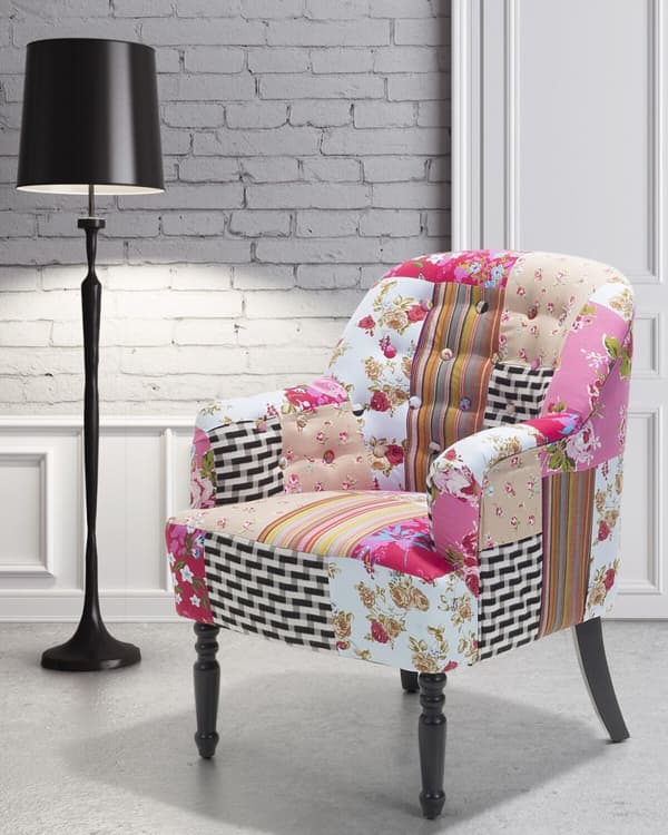 Lenestol Flerfarget rosa stoff Patchwork Klubbstol Knappetuftede treben