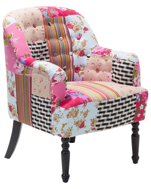Lenestol Flerfarget rosa stoff Patchwork Klubbstol Knappetuftede treben