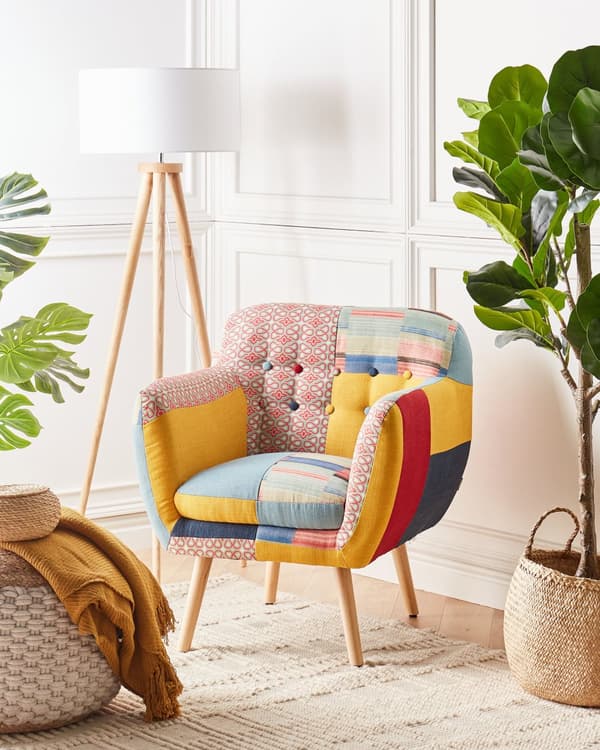 Lenestol Flerfarget stoff Patchwork møbeltrekk Knappet Retro Klubbstol Retrostil