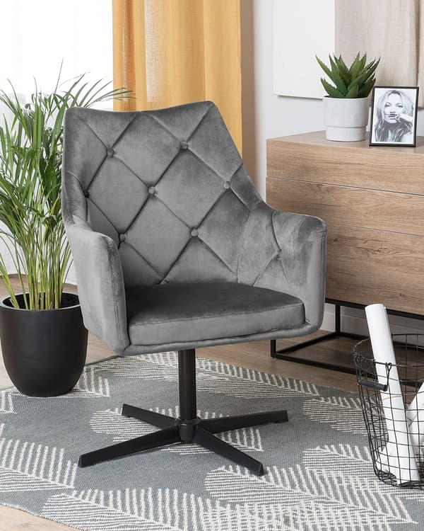 Lenestol Grå Fløyel 73L x 61W x 95H Tufted Rygg Enkelt Metallben Glam