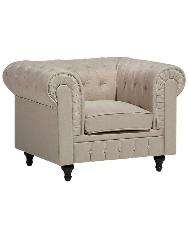 Chesterfield Lenestol Beige Stoff Møbeltrekk Mørkt Tre Ben