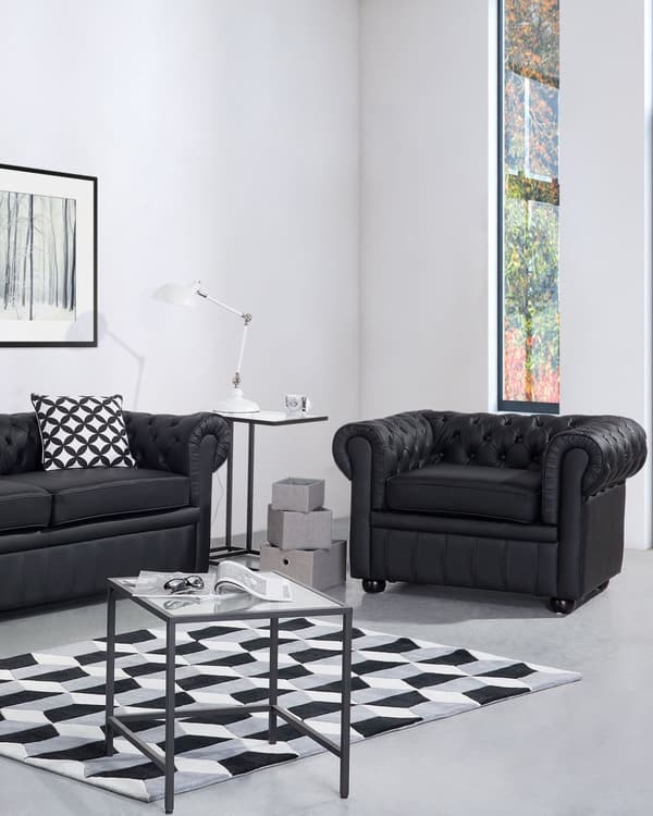 Chesterfield Lenestol Svart Ekte Skinn Moderne
