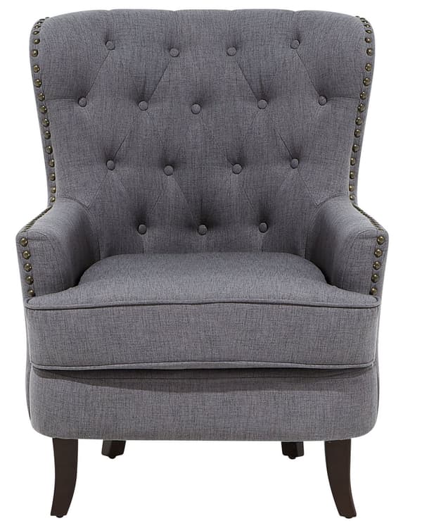 Lenestol Mørkegrå Polyesterstoff 75 x 93 x 90 cm Svarte ben Dekorative knapper og spikerhoder Chesterfield-stil Hvilestol
