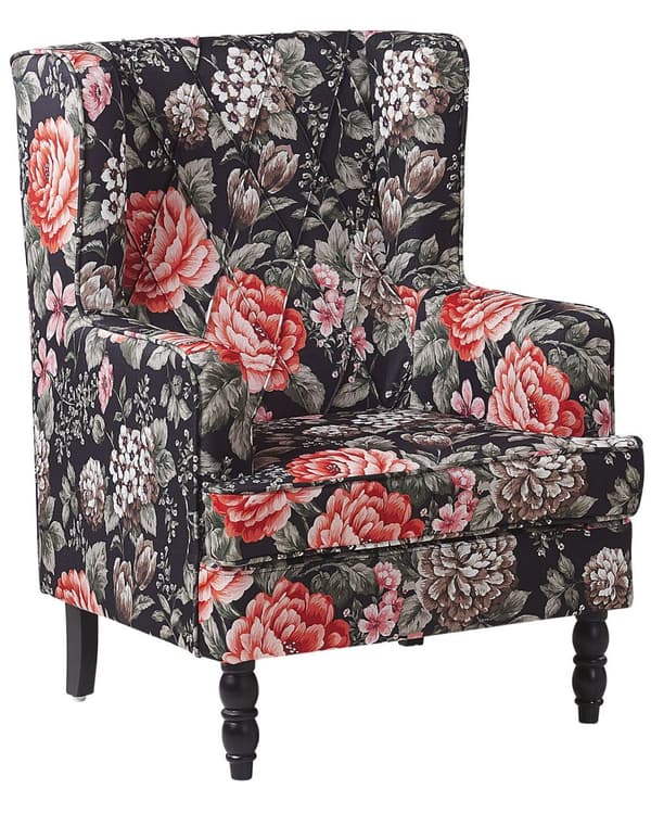 Lenestol med fotskammel Svart stoff med blomstermønster Treben i Wingback-stil