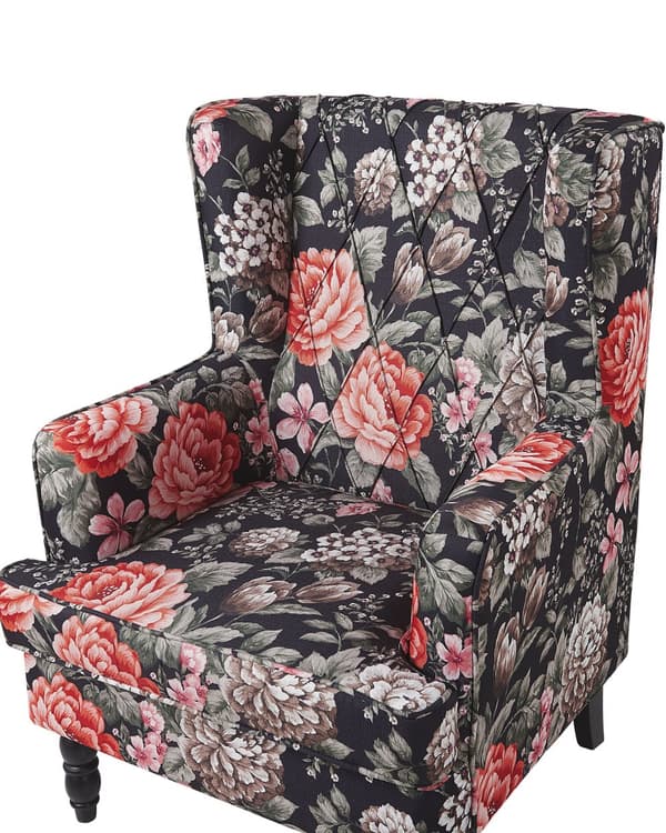 Lenestol med fotskammel Svart stoff med blomstermønster Treben i Wingback-stil