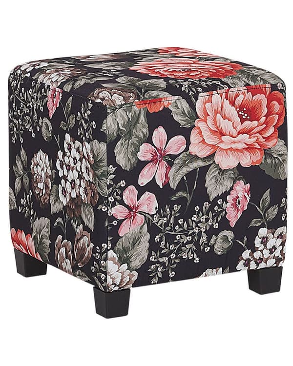 Lenestol med fotskammel Svart stoff med blomstermønster Treben i Wingback-stil