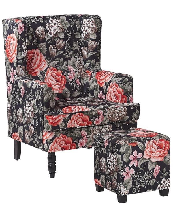 Lenestol med fotskammel Svart stoff med blomstermønster Treben i Wingback-stil