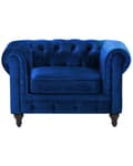 Miniatyrbilde 4 av 11: Chesterfield Lenestol Blå Fløyel Stoff Møbeltrekk Mørkt Tre Ben