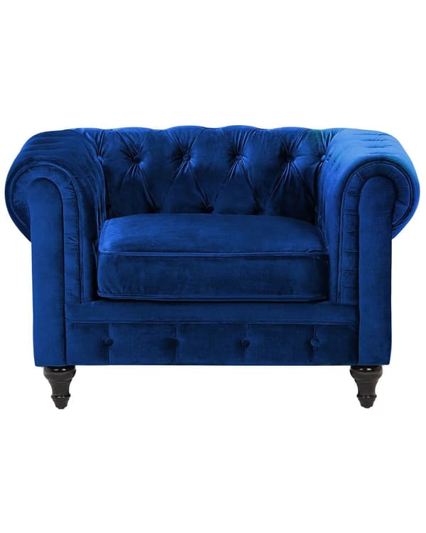 Chesterfield Lenestol Blå Fløyel Stoff Møbeltrekk Mørkt Tre Ben